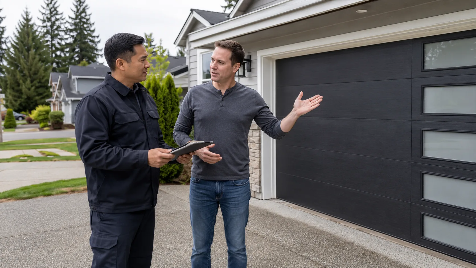 Homeowner discussing local Surrey garage door service options with a Surrey Garage Door specialist