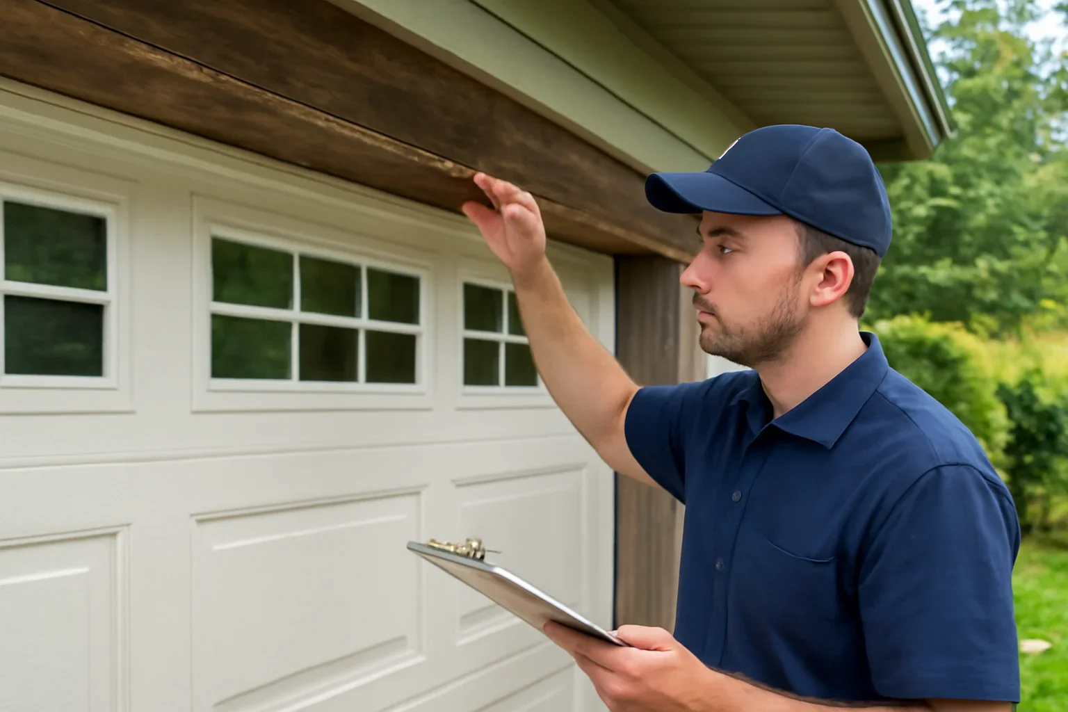 Garage door technician reviewing bear creek green timbers at a Surrey property