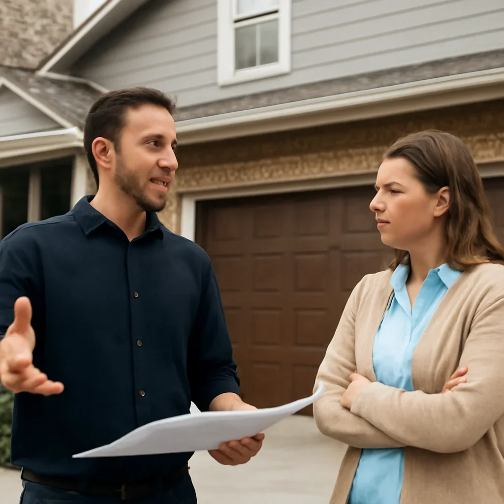 Beaver Creek homeowner discussing garage door repair options with a technician