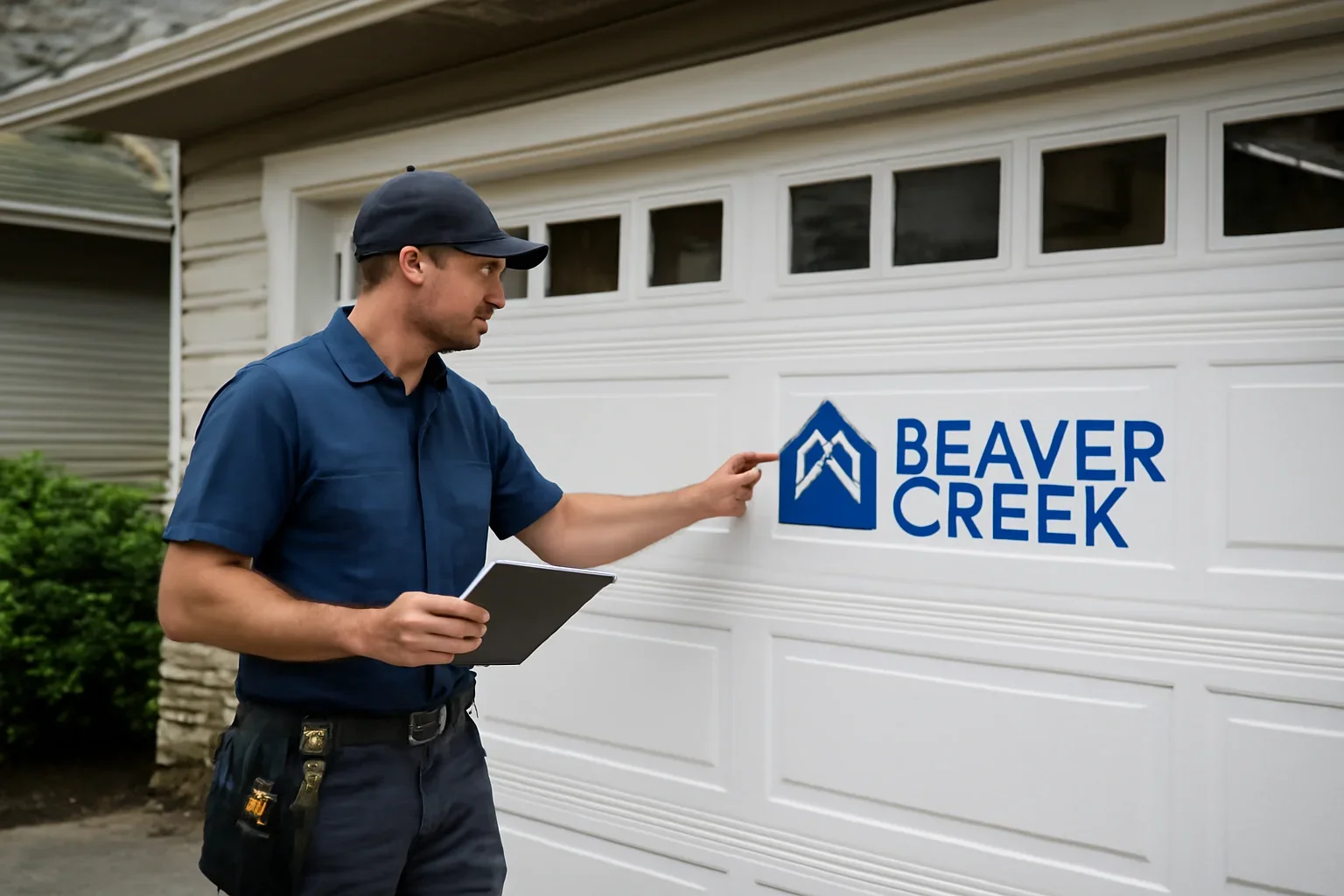 Garage door technician helping a Beaver Creek Surrey property owner