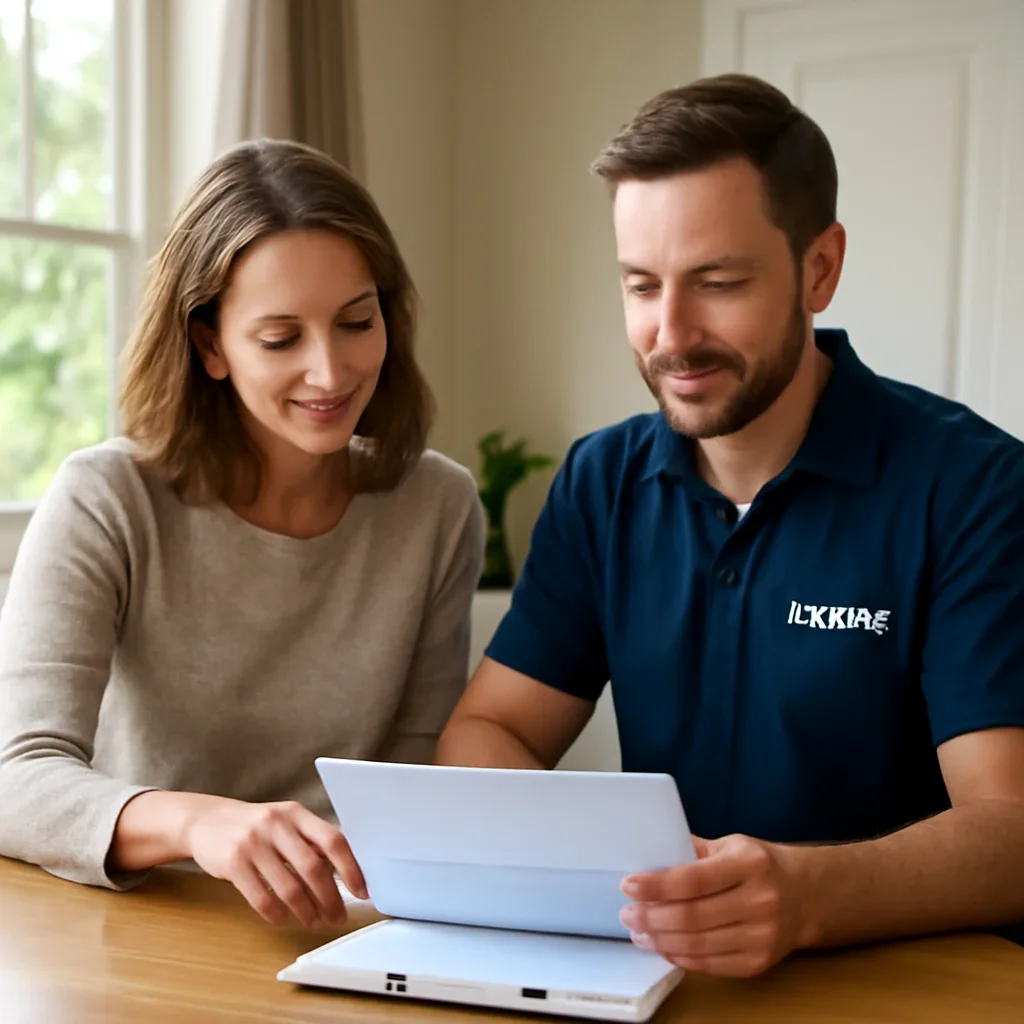 Homeowner reviewing garage door service options with a local specialist in Surrey