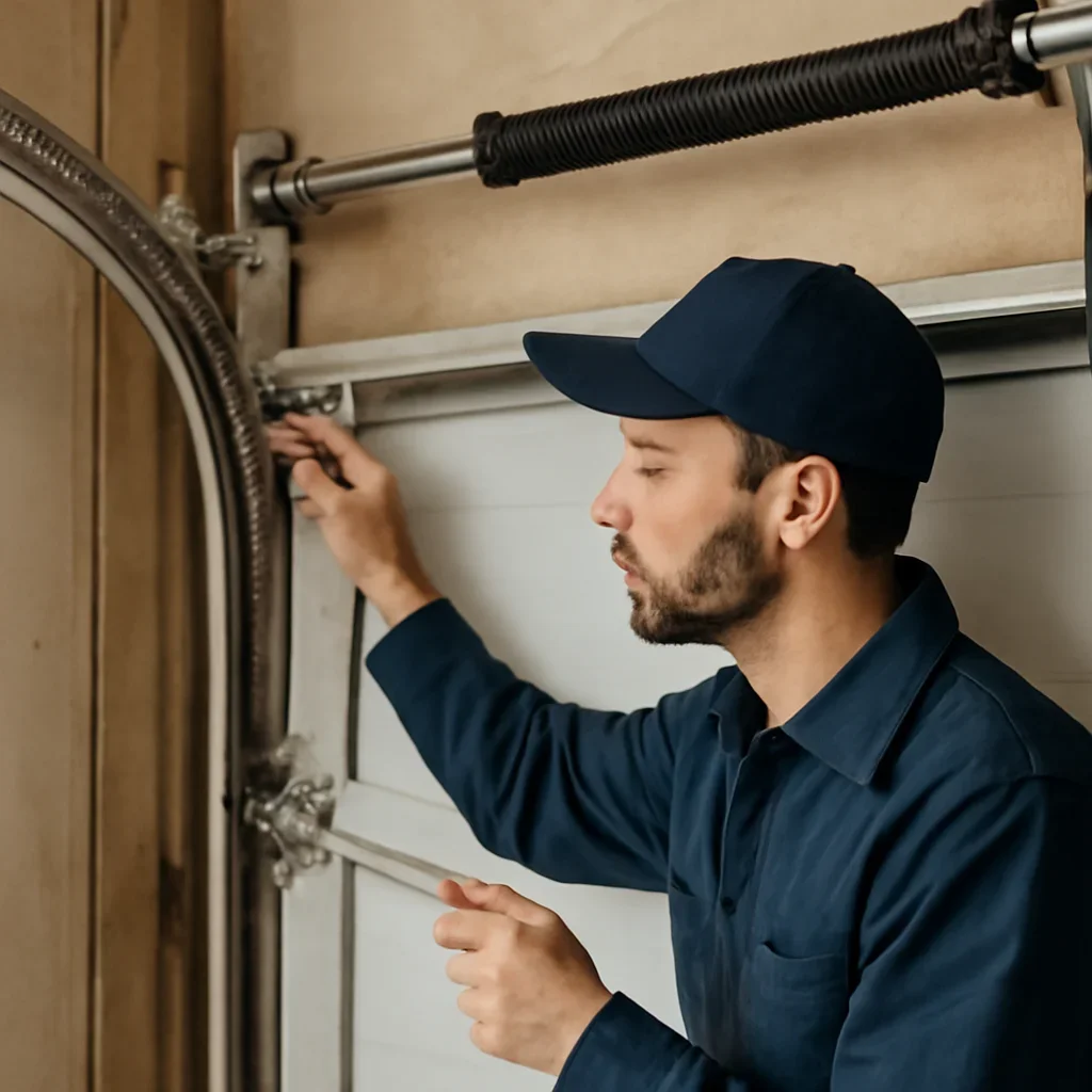 Garage door technician inspecting parts and operation for Belt Drive vs Chain Drive Garage Door Openers in Surrey
