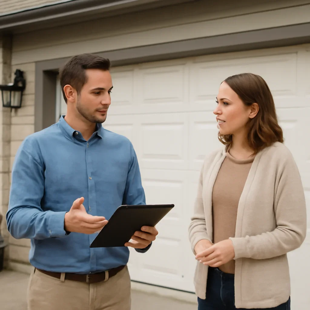 Homeowner discussing garage door opener options with Surrey Garage Door technician