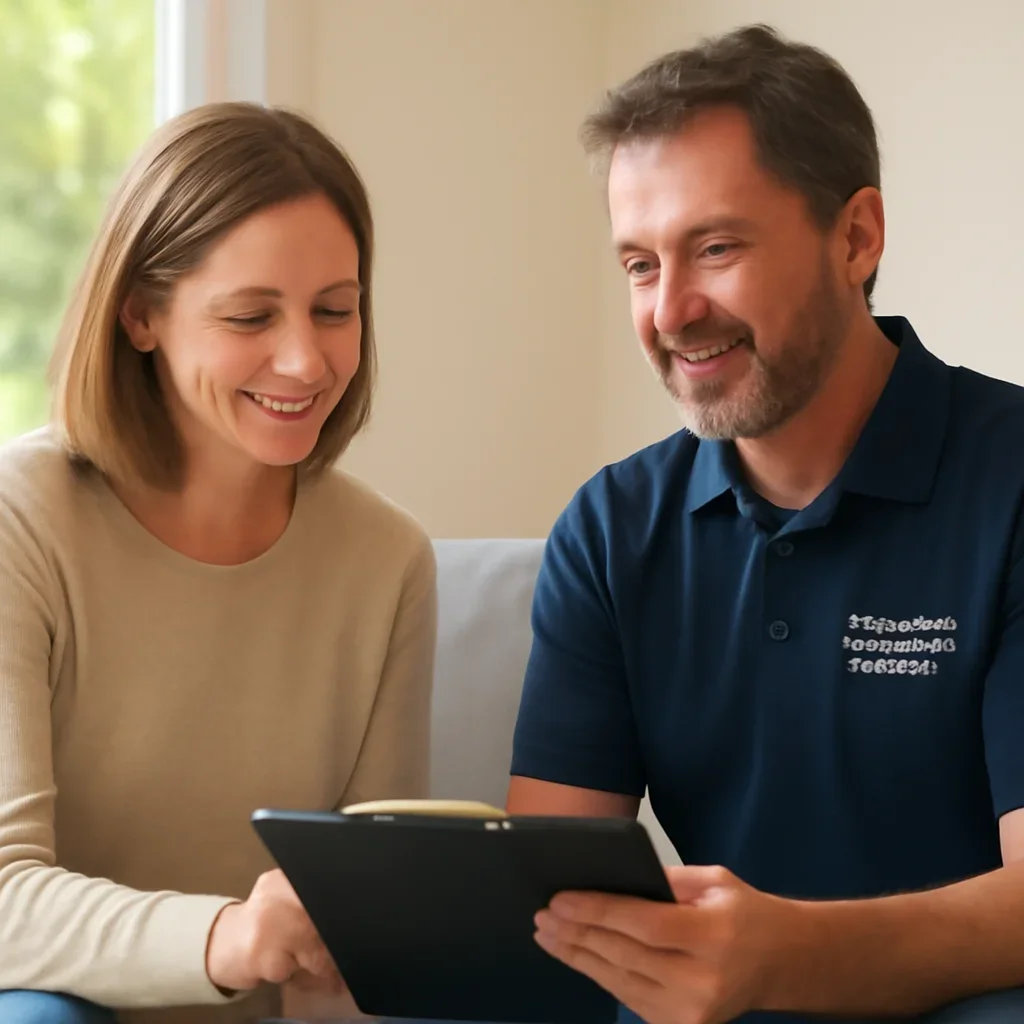 Homeowner reviewing garage door service options with a local specialist in Surrey