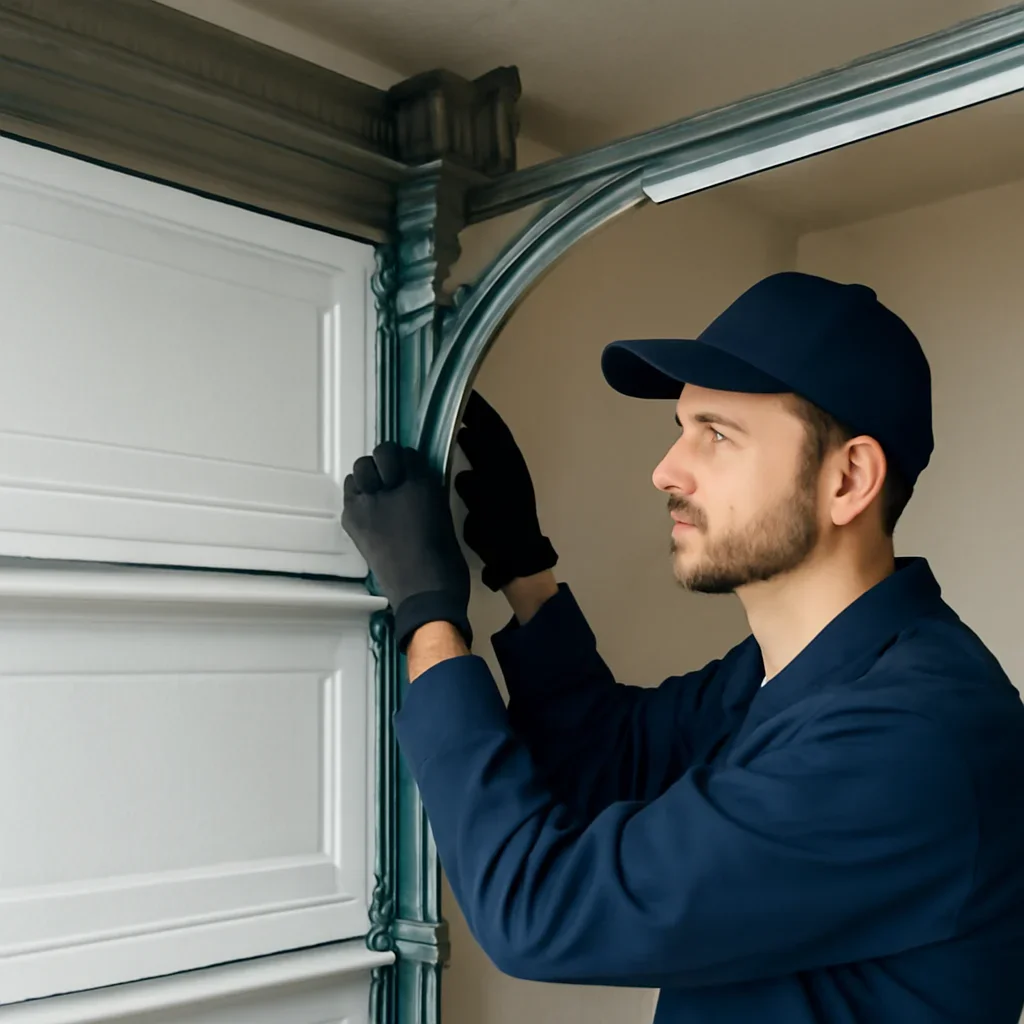 Garage door technician inspecting parts and operation for Best Garage Door Styles for Surrey Homes