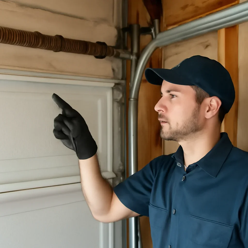 Technician demonstrating an inspection step related to blog can i open a garage door with a broken spring