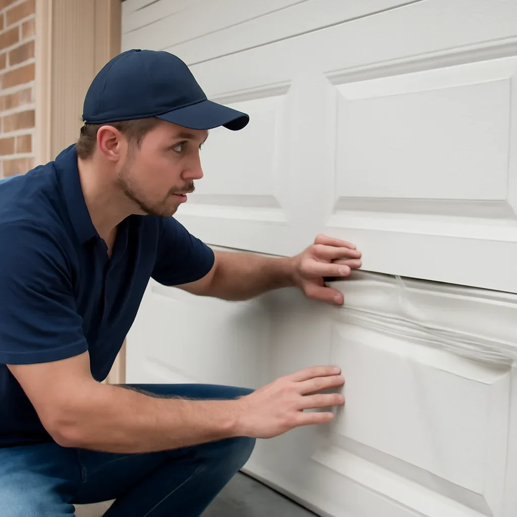 Technician demonstrating an inspection step related to blog can one damaged garage door panel be replaced