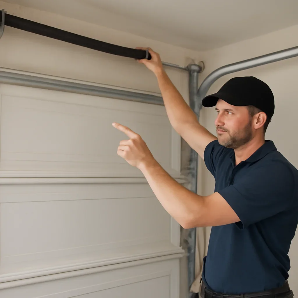 Technician demonstrating an inspection step related to blog garage door repair vs replacement in cloverdale
