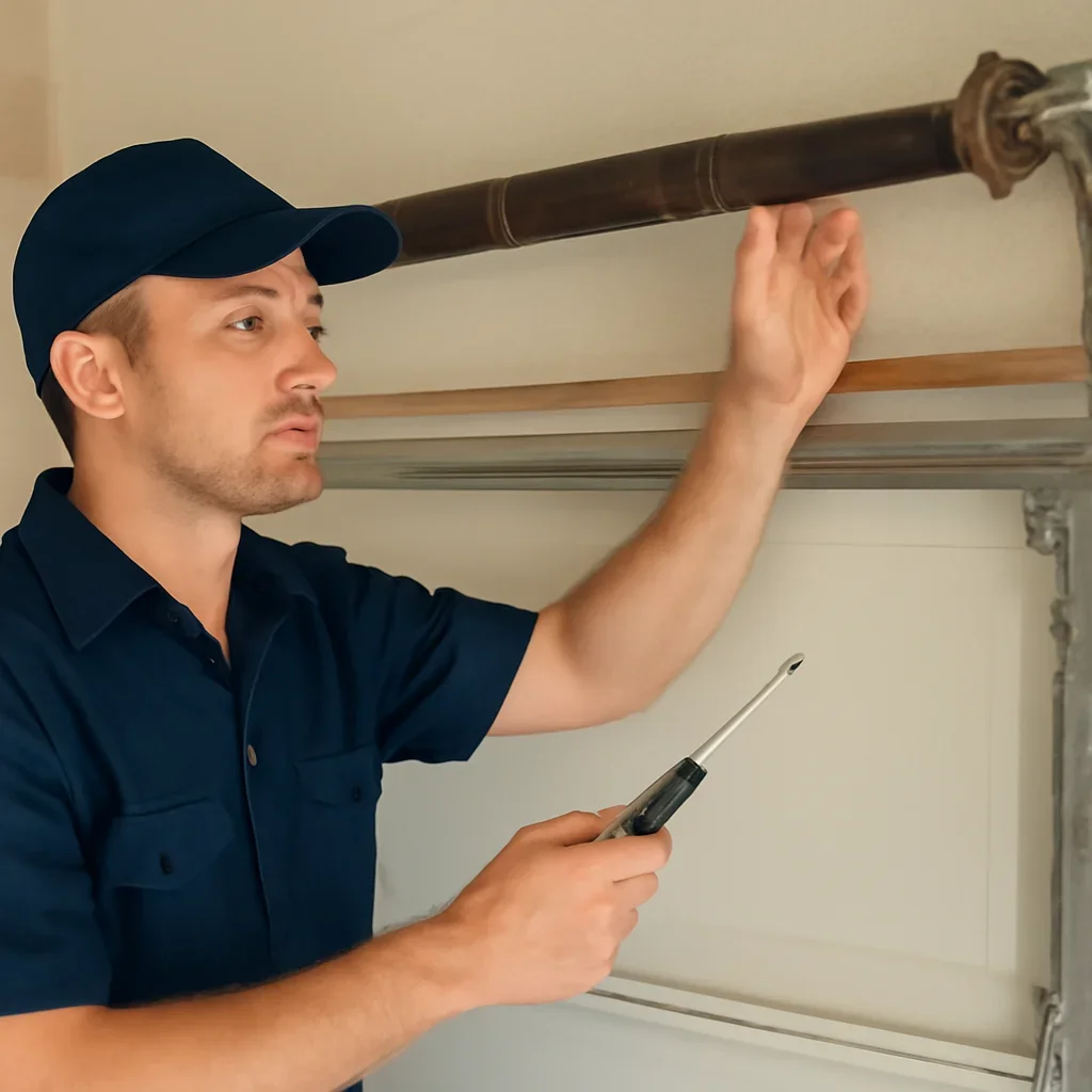Technician demonstrating an inspection step related to blog garage door spring repair vs replacement what is actually done