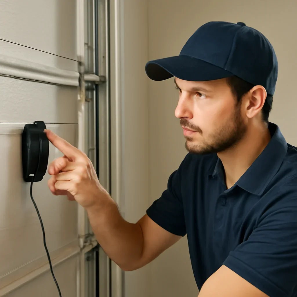 Technician demonstrating an inspection step related to blog how do i know if my garage door sensors are misaligned