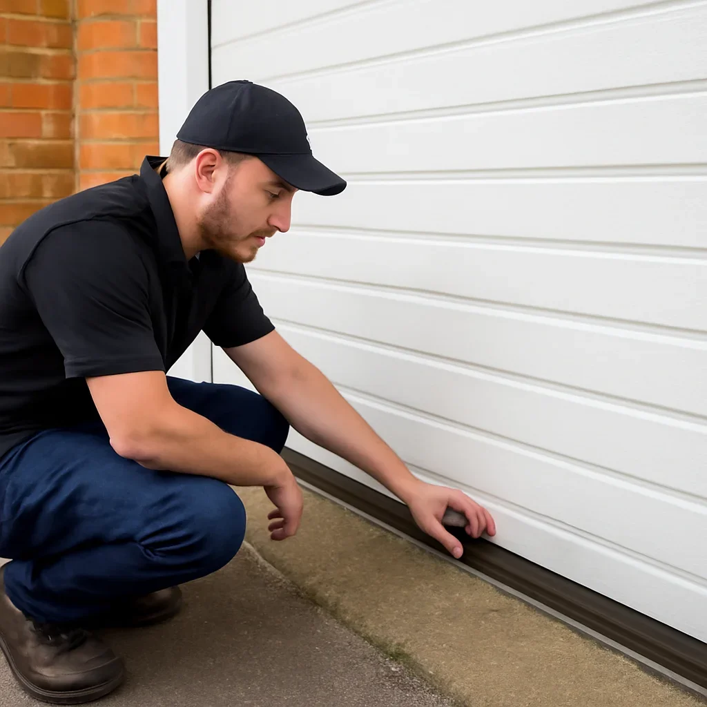 Technician demonstrating an inspection step related to blog how do i stop rainwater coming under my garage door in surrey