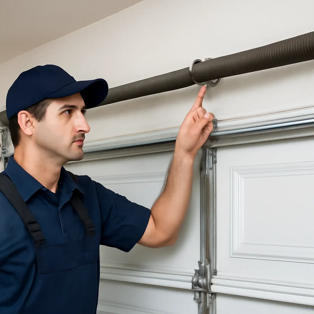 Technician demonstrating an inspection step related to blog how long does garage door spring replacement take in surrey