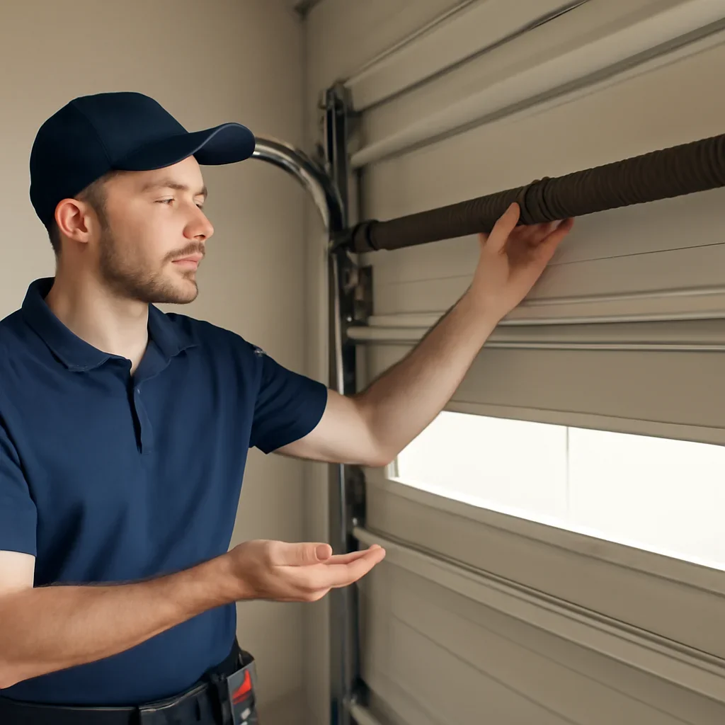 Technician demonstrating an inspection step related to blog how often should a garage door be serviced in surrey
