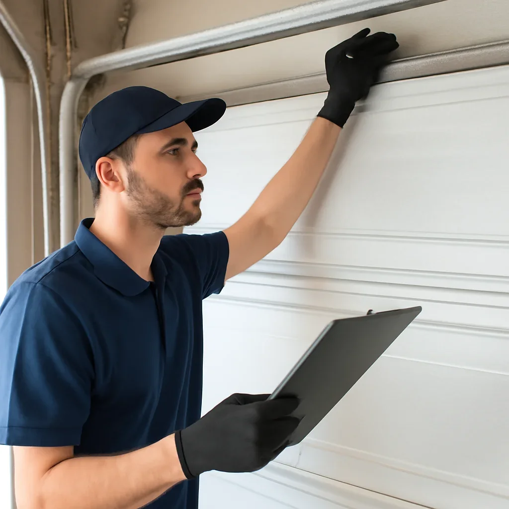 Technician demonstrating an inspection step related to blog is same day garage door repair available in surrey