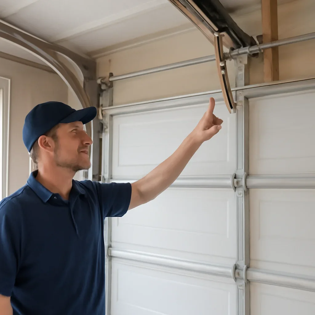 Technician demonstrating an inspection step related to blog liftmaster vs chamberlain for surrey homes