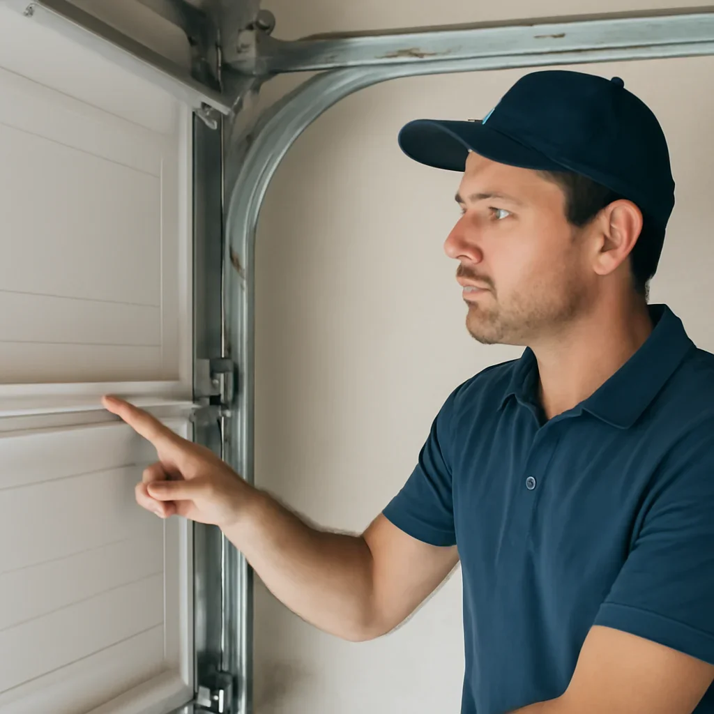 Technician demonstrating an inspection step related to blog should i repair or replace my garage door in surrey