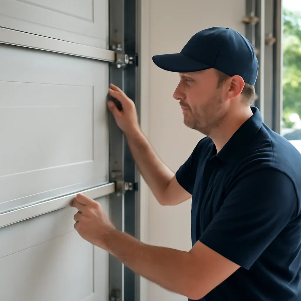 Technician demonstrating an inspection step related to blog what counts as a garage door emergency in surrey