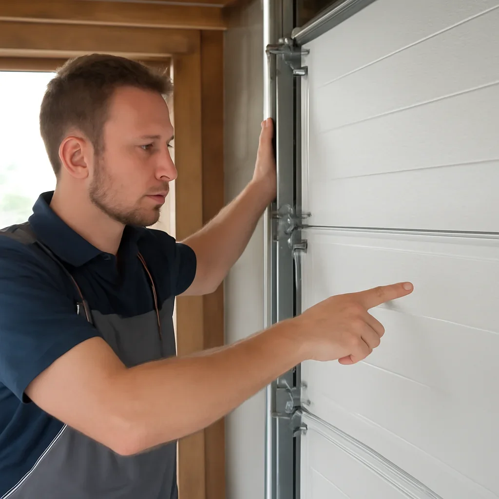 Technician demonstrating an inspection step related to blog what garage door material is best for south surrey