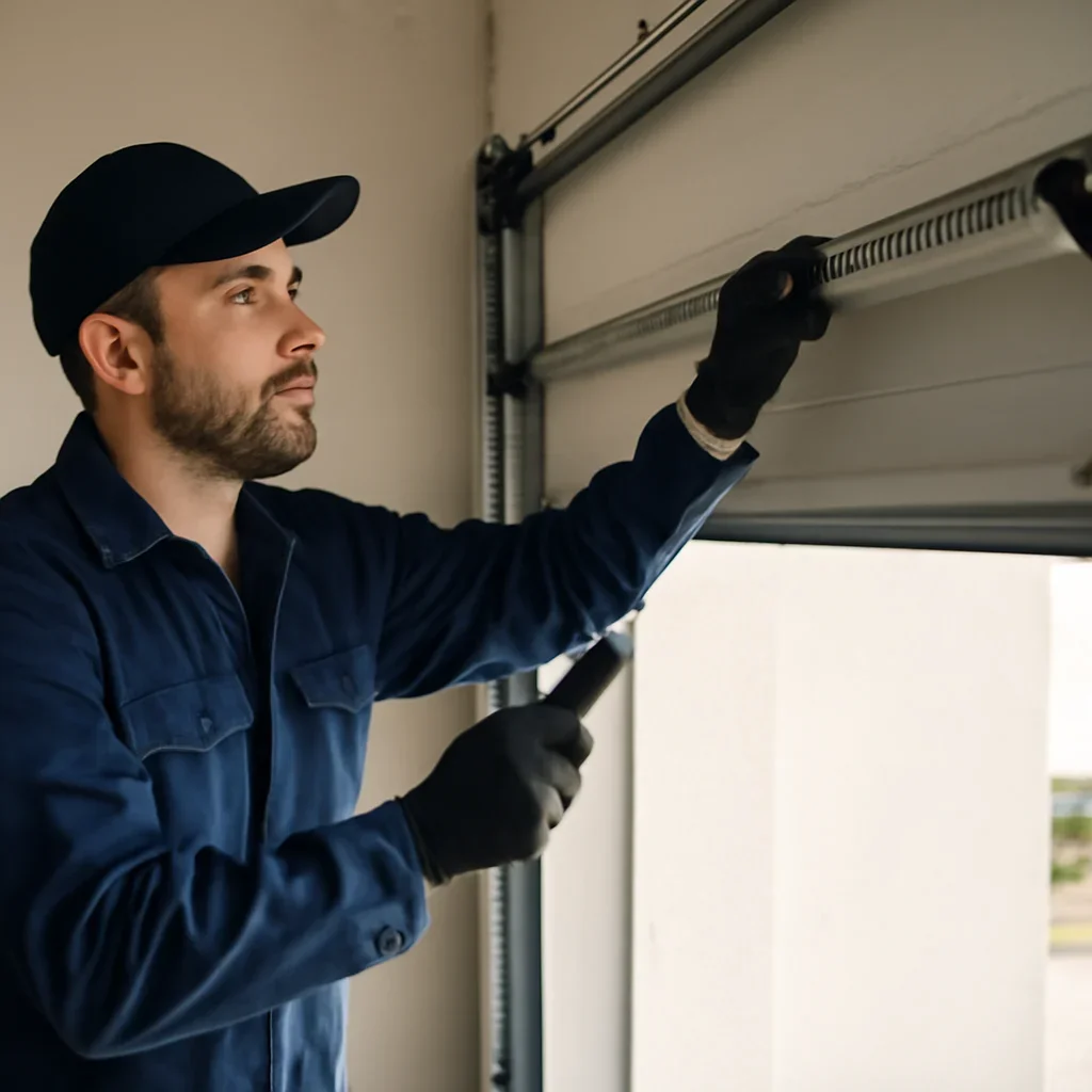 Technician demonstrating an inspection step related to blog what is included in a garage door tune up in surrey