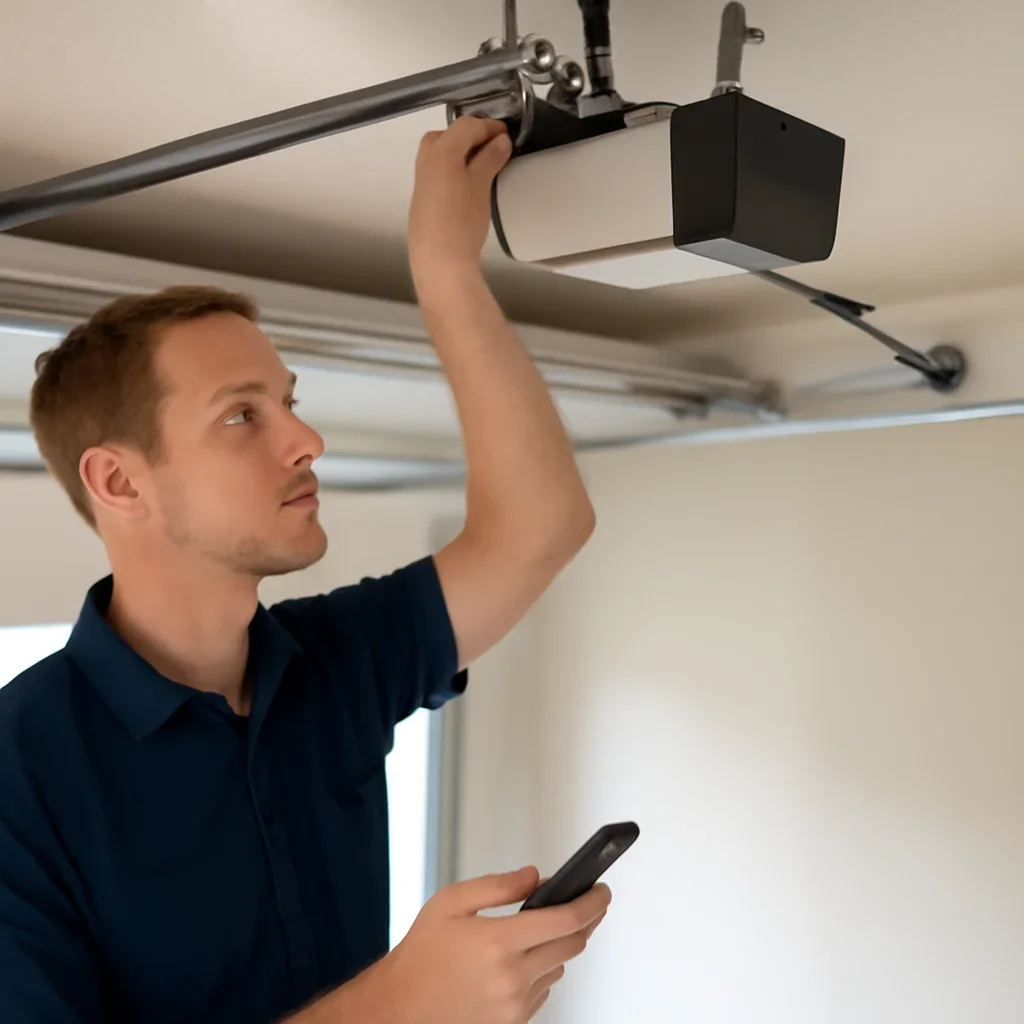 Technician demonstrating an inspection step related to blog what is the best garage door opener for a surrey home