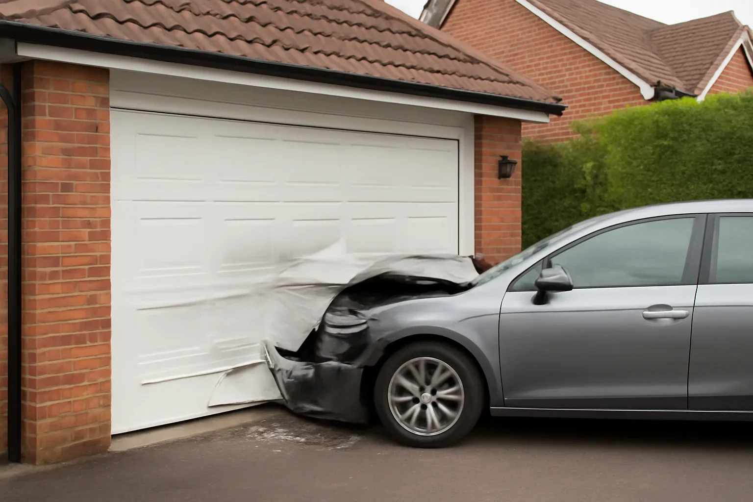 Editorial visual for blog what should i do if a car hits my garage door in a Surrey garage setting