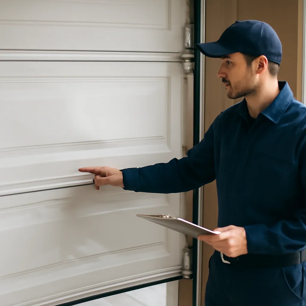 Technician demonstrating an inspection step related to blog what should i do if a car hits my garage door