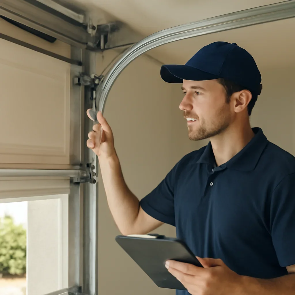 Technician demonstrating an inspection step related to blog why does my garage door close and then reopen