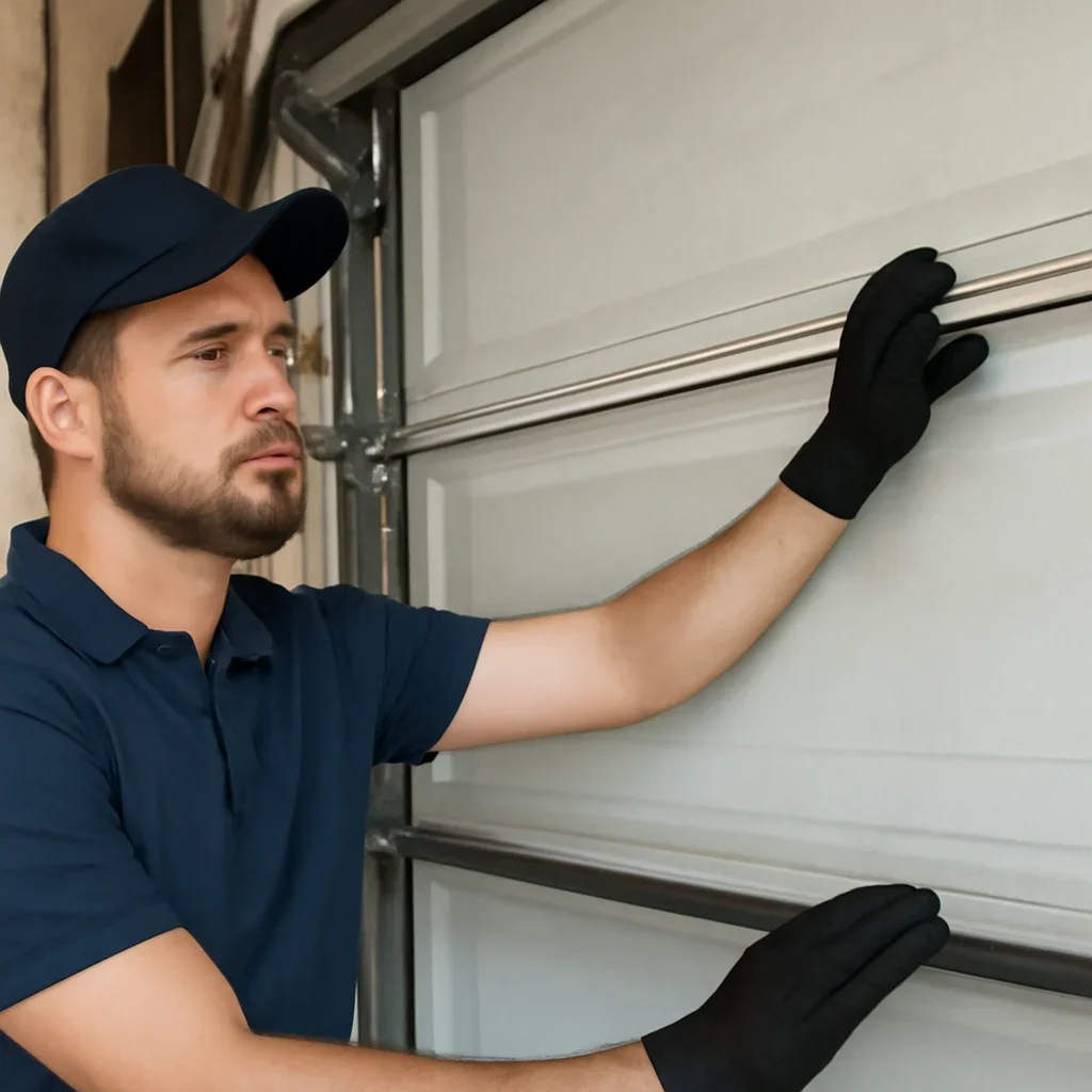 Technician demonstrating an inspection step related to blog why is my garage door crooked or uneven