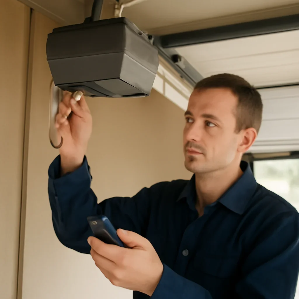 Technician demonstrating an inspection step related to blog why is my garage door remote not working
