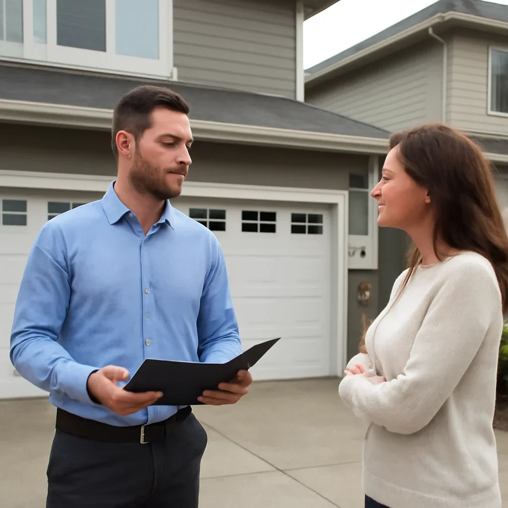 Bolivar Heights homeowner discussing garage door repair options with a Surrey technician