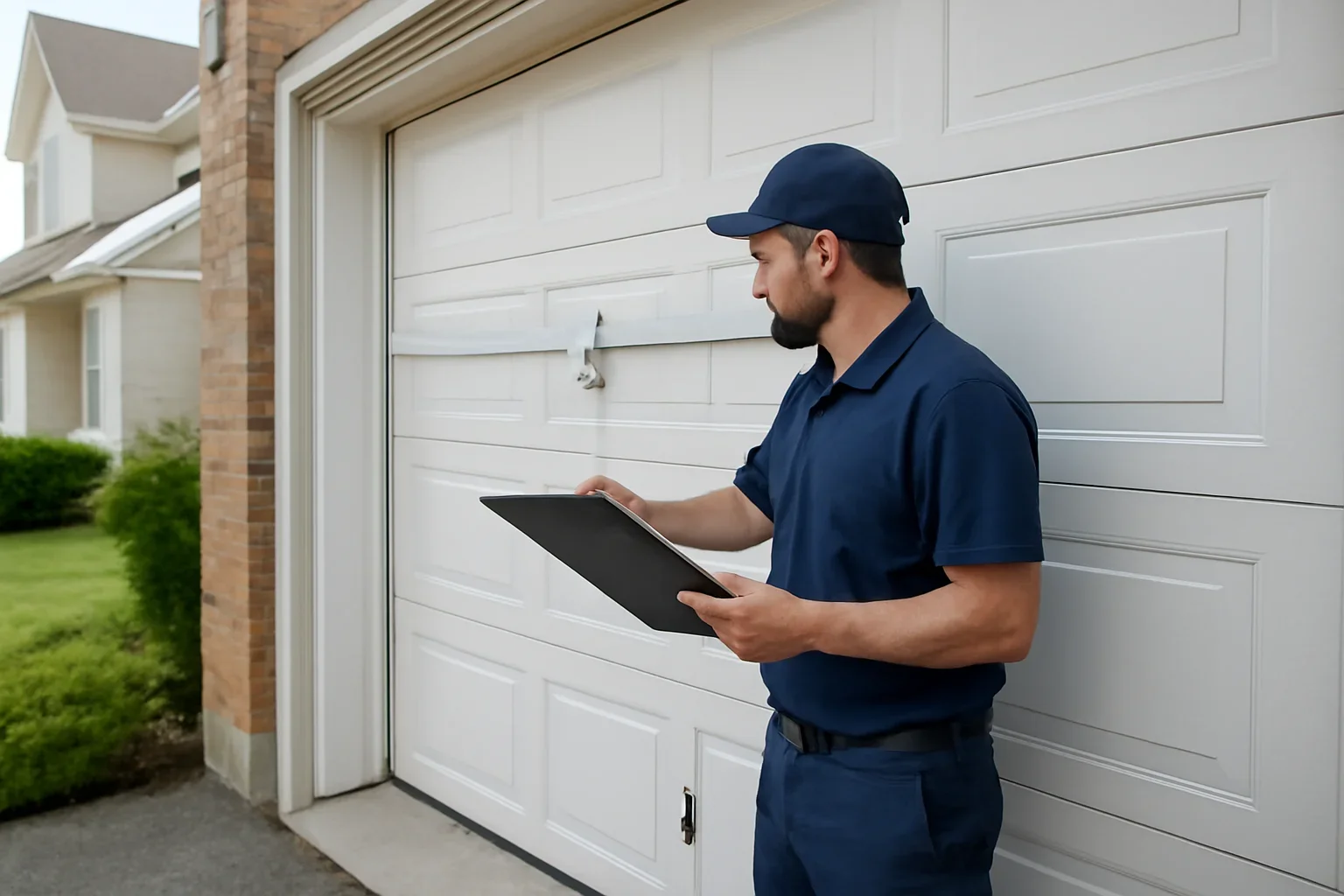 Garage door technician reviewing Bridgeview garage door repair at a Surrey property