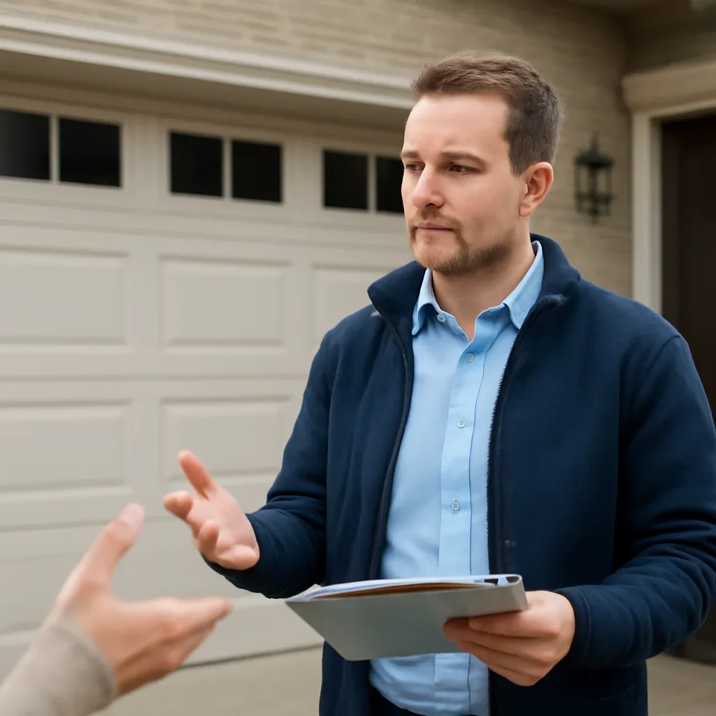 Homeowner or property manager discussing the next step for Surrey garage door case studies in Surrey