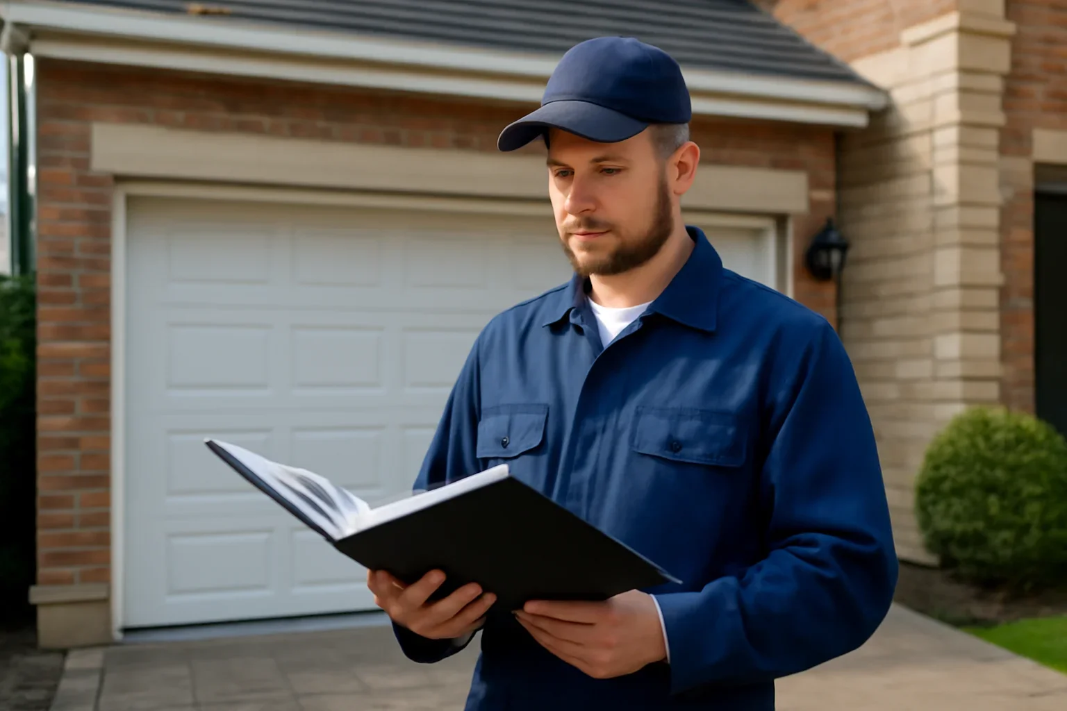 Garage door technician reviewing Surrey garage door case studies at a Surrey property