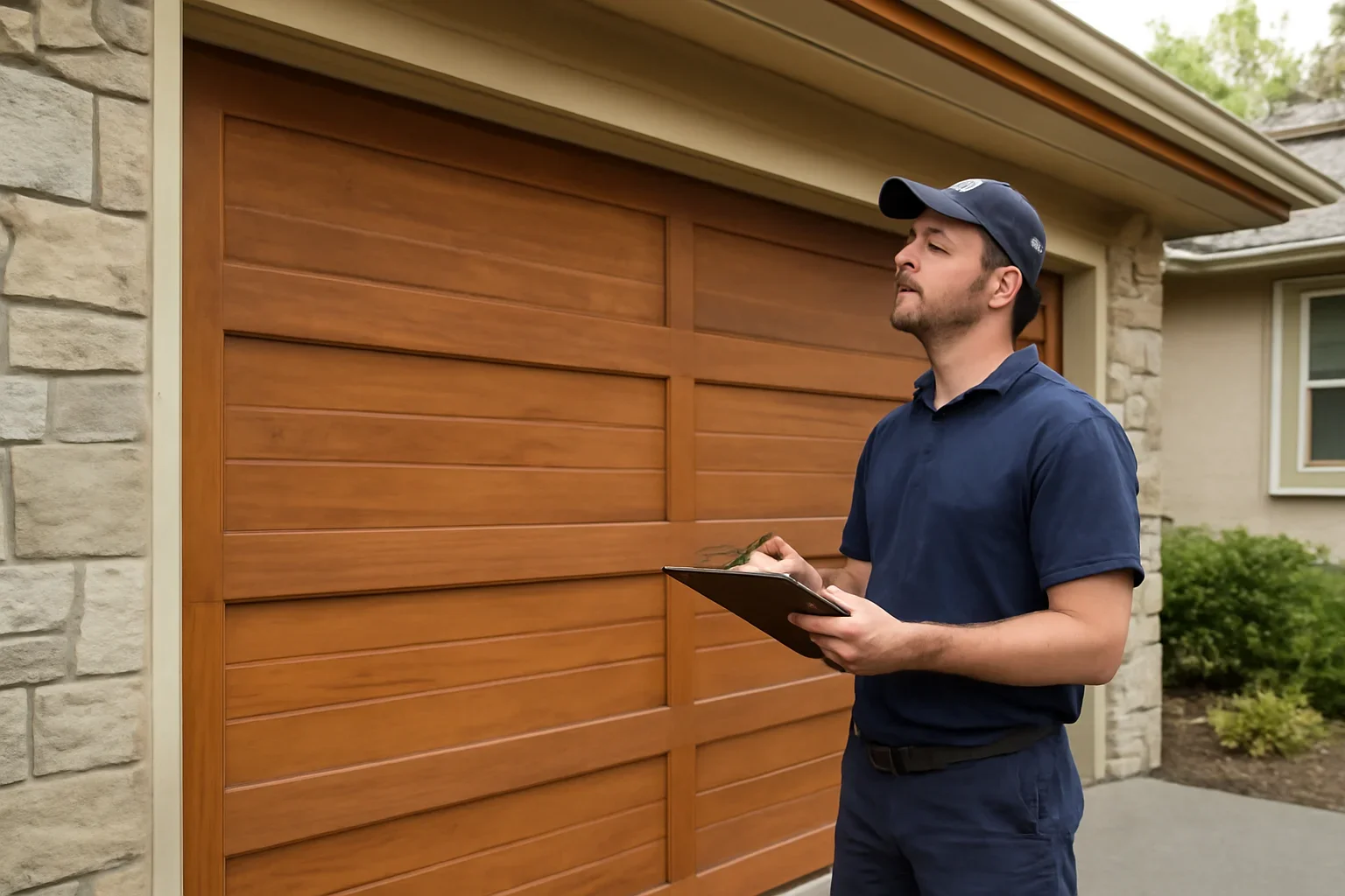 Garage door technician reviewing cedar hills at a Surrey property