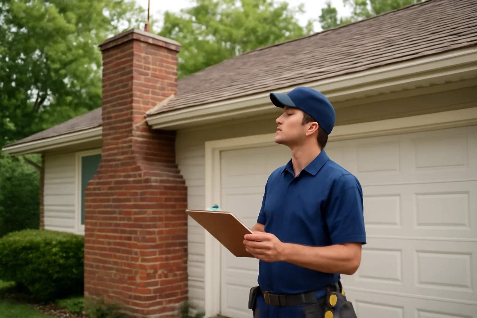 Garage door technician reviewing Chimney Hill garage door repair at a Surrey property