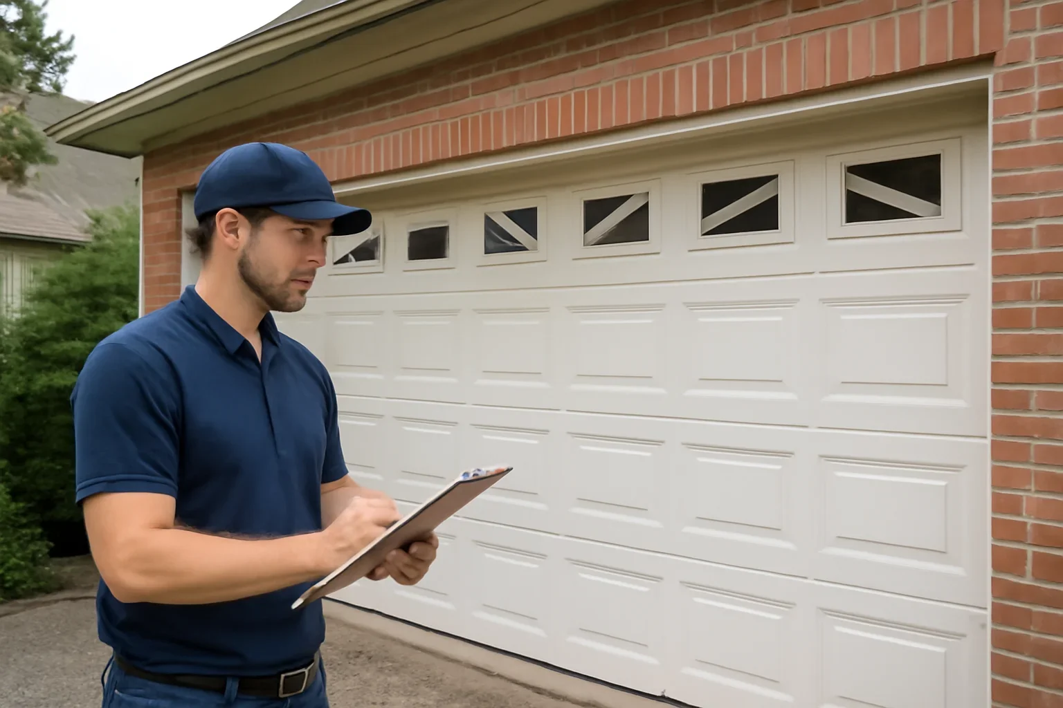 Garage door technician reviewing clayton heights at a Surrey property