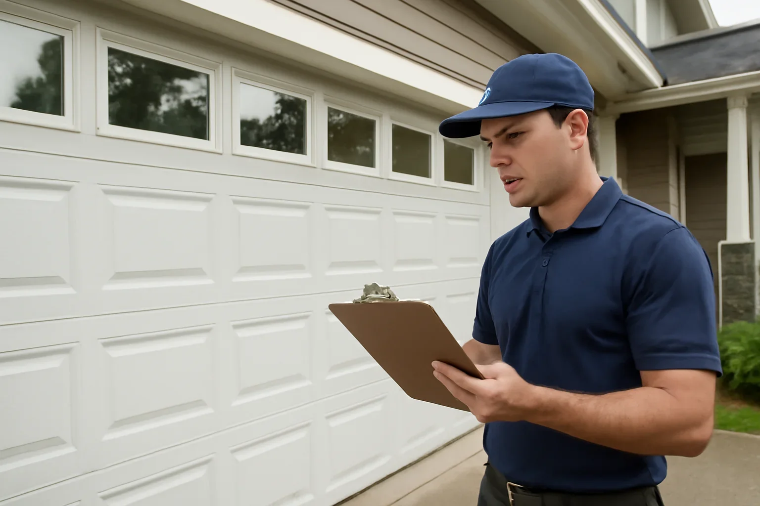 Garage door technician reviewing Cloverdale garage door repair at a Surrey property
