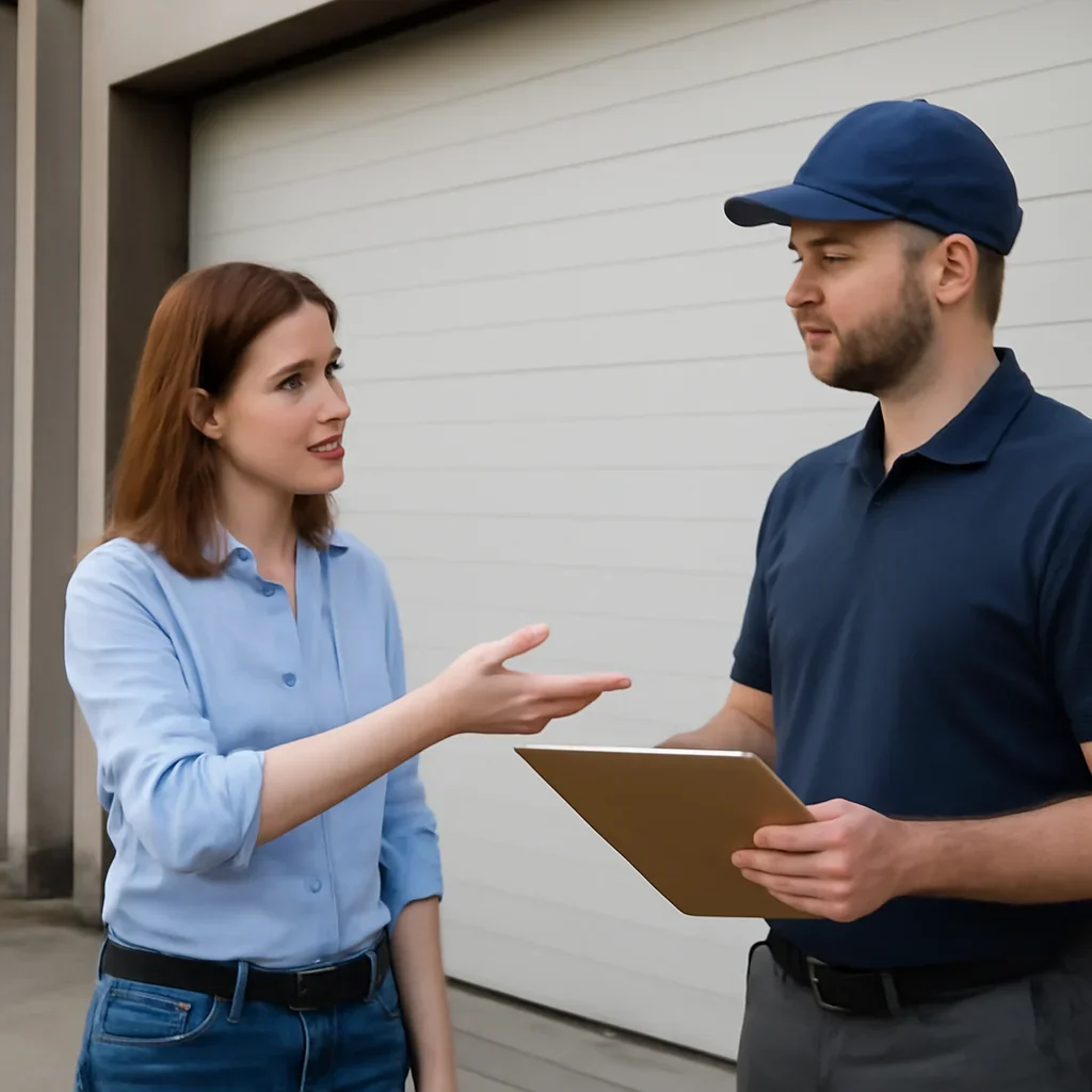 Business or property representative discussing commercial garage door repair in Bear Creek Green Timbers