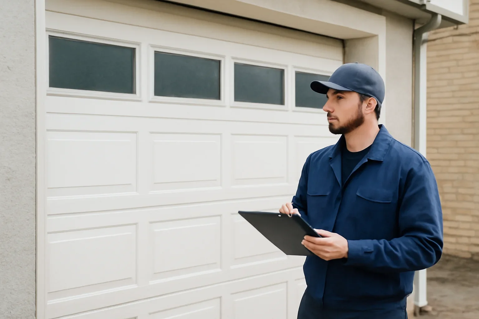 Technician assessing a commercial garage door in Bear Creek Green Timbers, Surrey