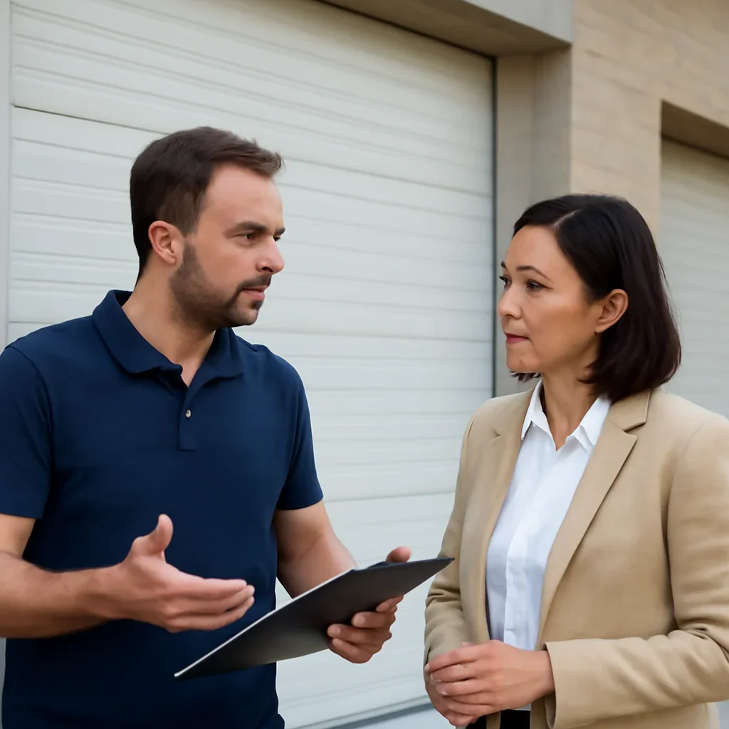 Property manager discussing commercial garage door repair for a Beaver Creek Surrey property
