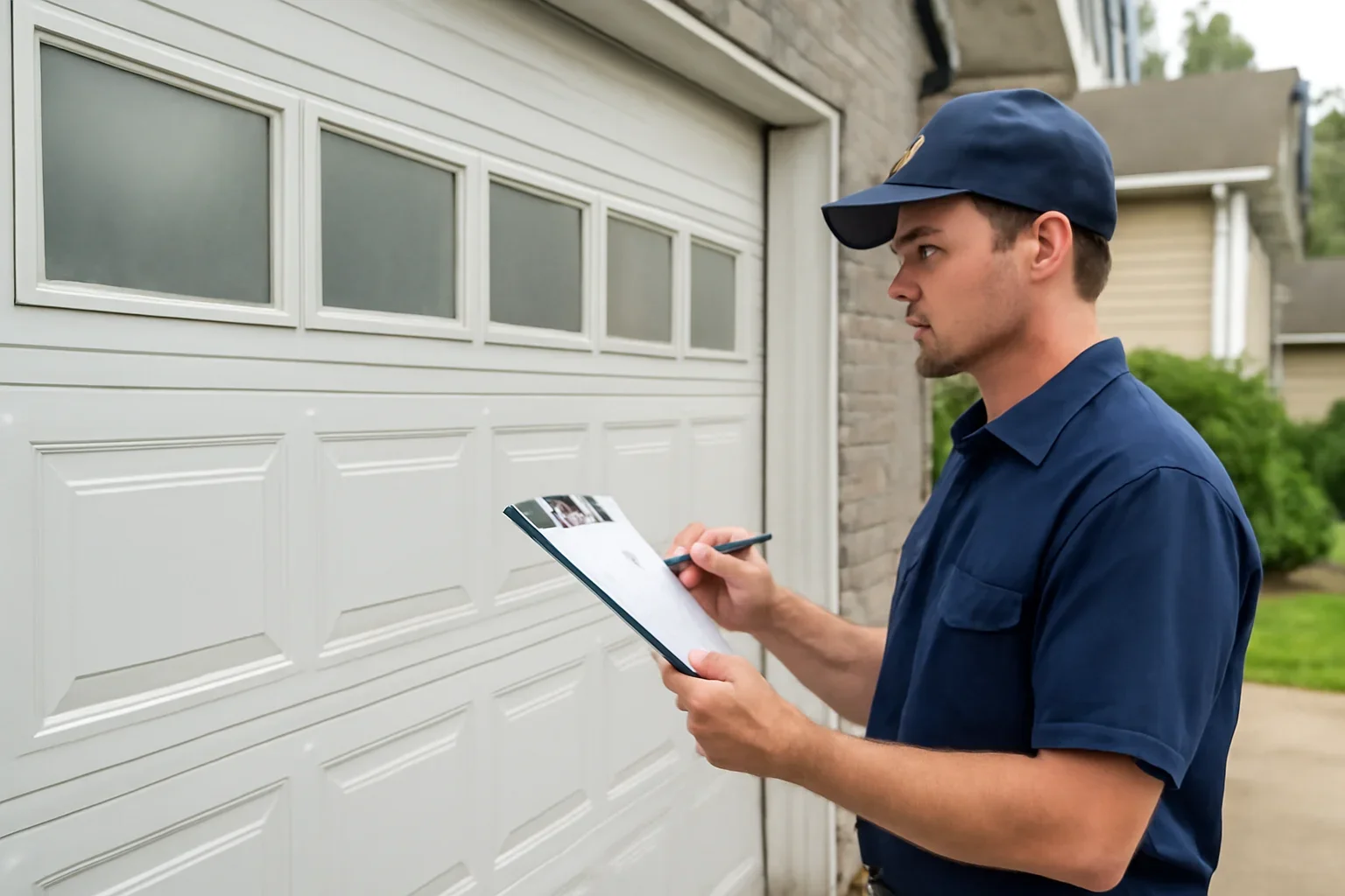 Technician assessing a commercial garage door problem at a Beaver Creek Surrey property