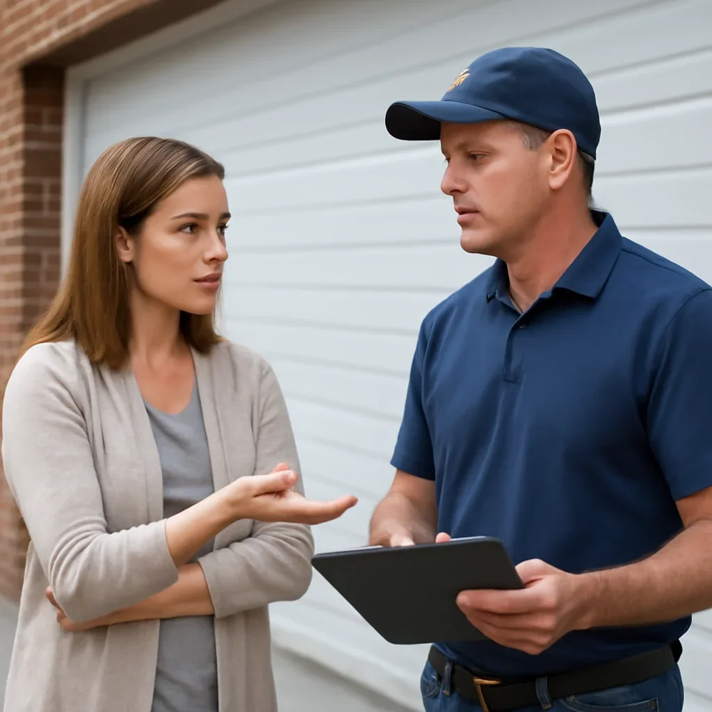 Business or property representative discussing commercial garage door repair in Bolivar Heights