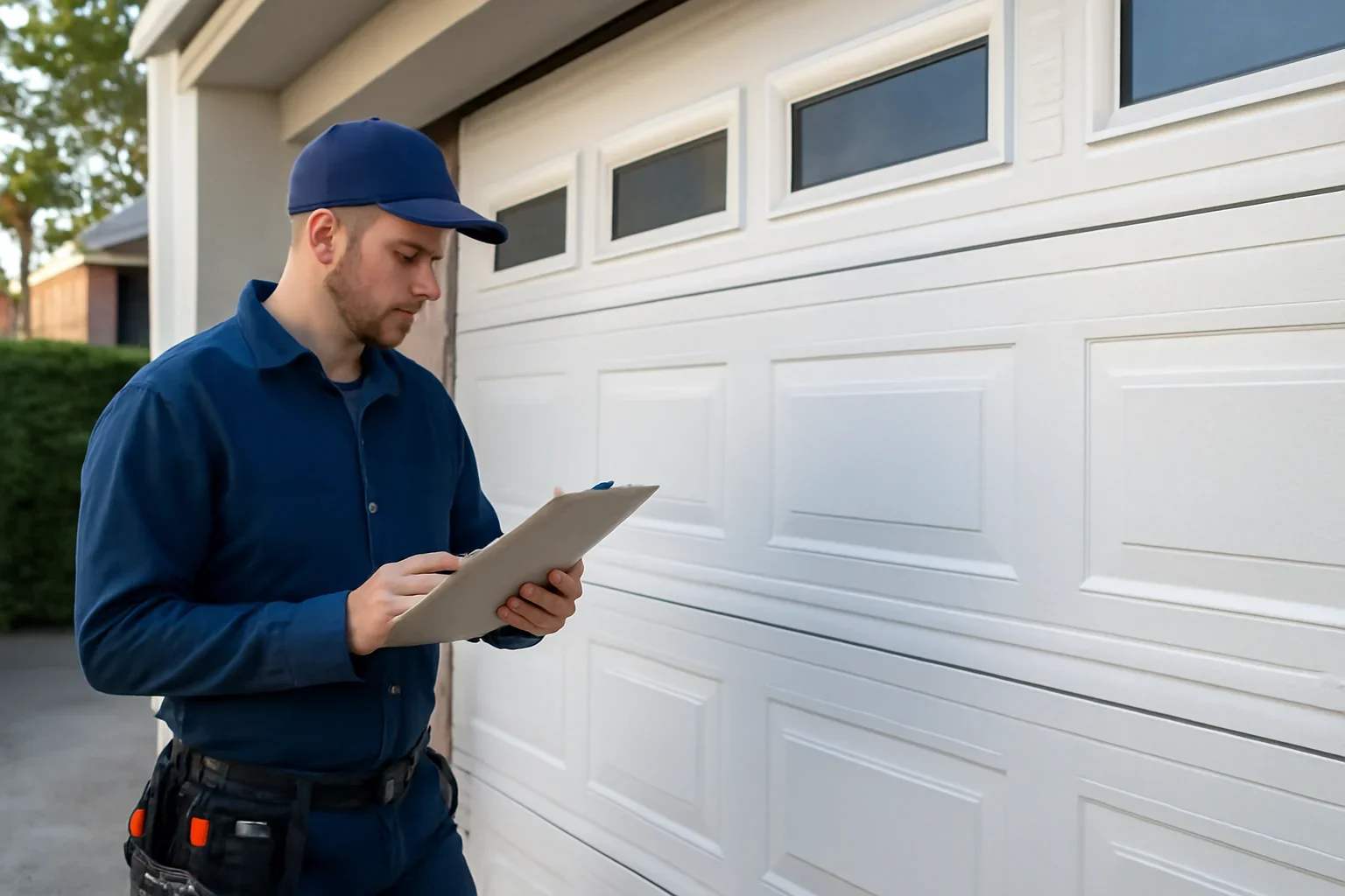 Technician assessing a commercial garage door in Bolivar Heights, Surrey