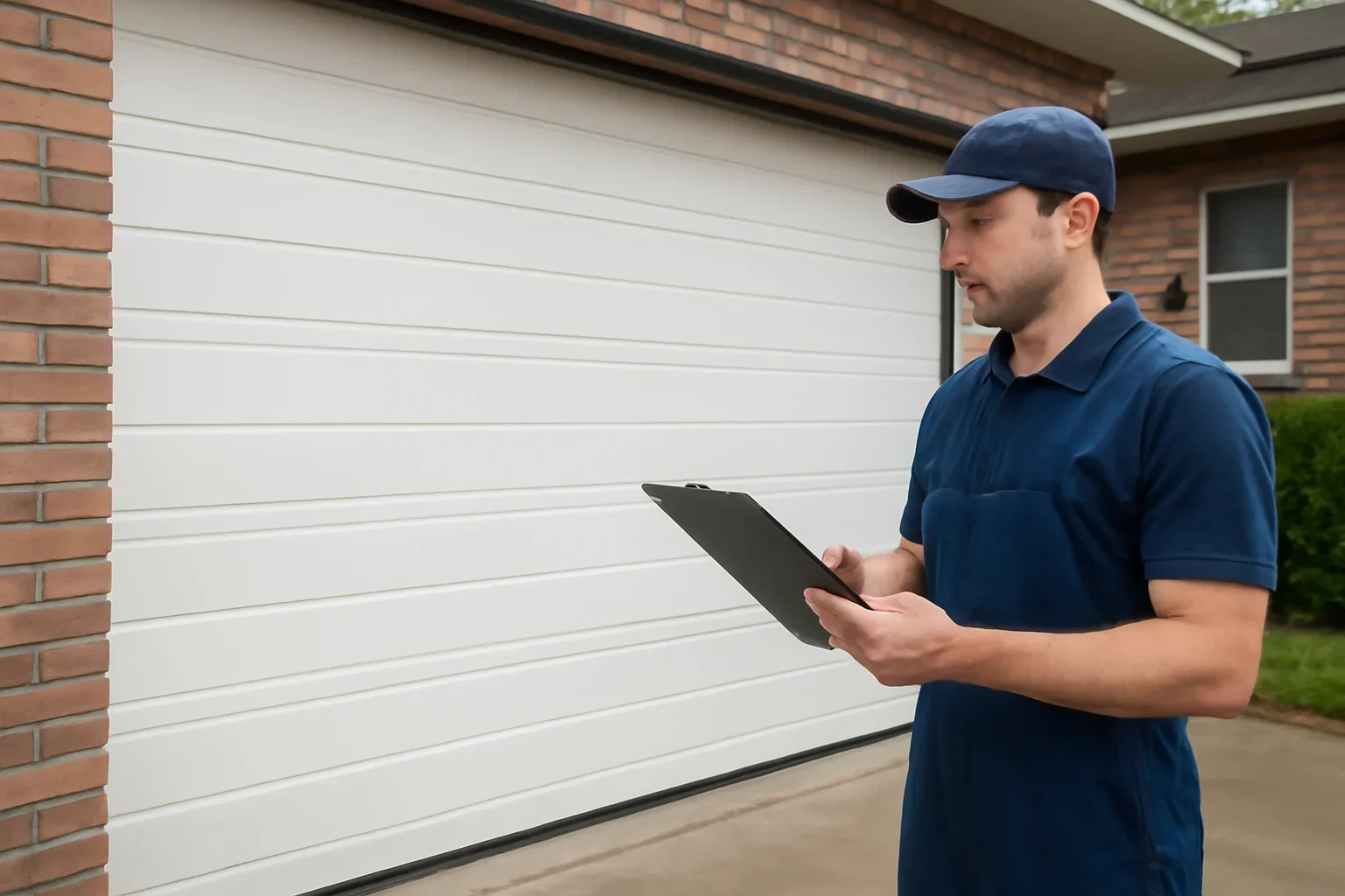 Technician assessing a commercial-style garage door problem at a Boundary Park Surrey property
