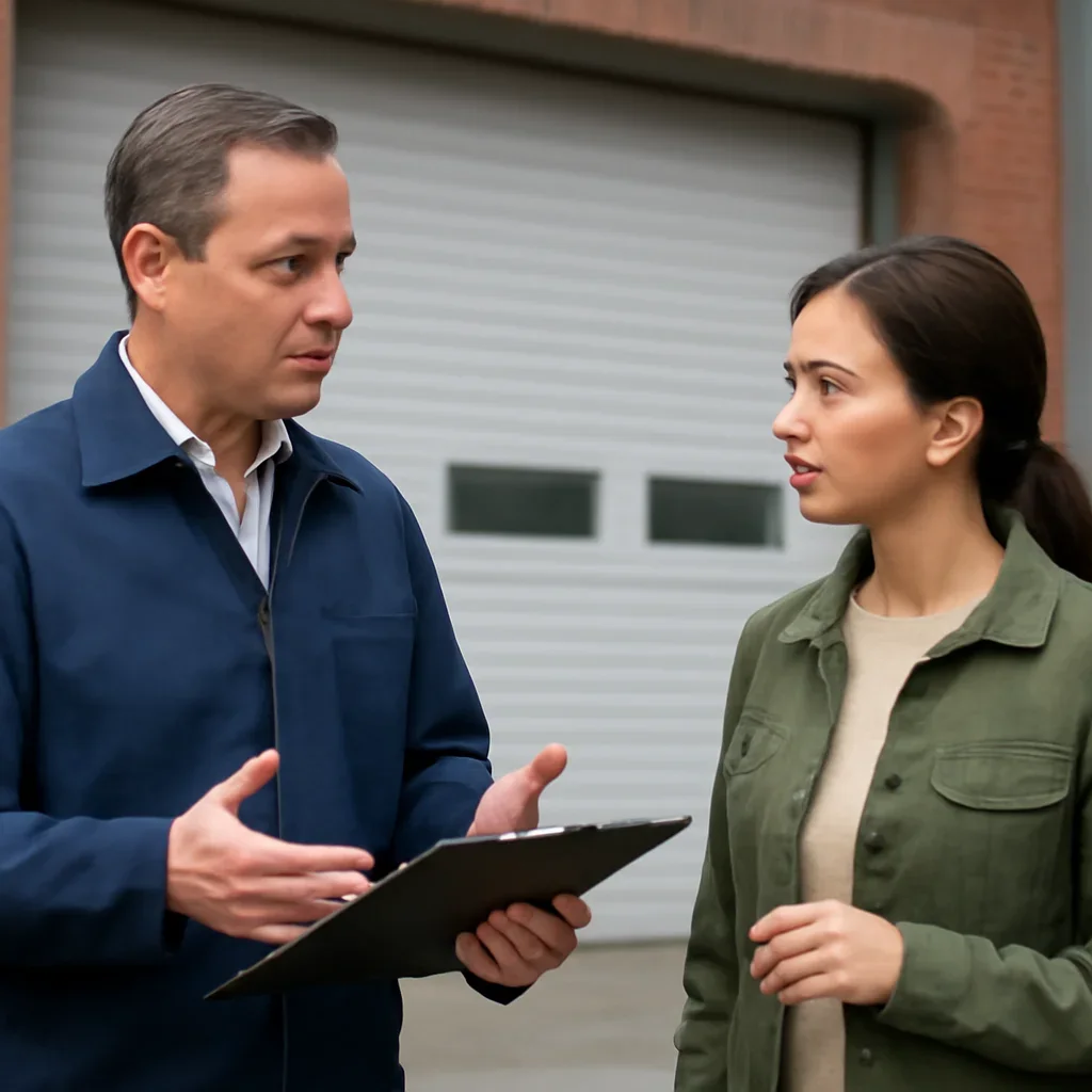 Business or property representative discussing commercial garage door repair in Bridgeview