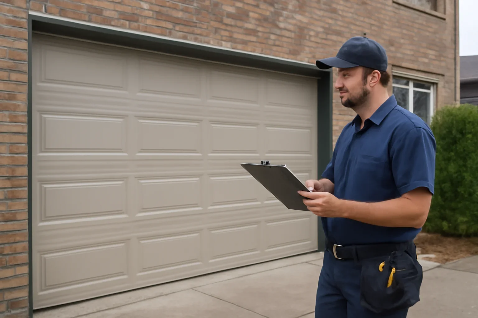 Technician assessing a commercial garage door at a Bridgeview property in Surrey