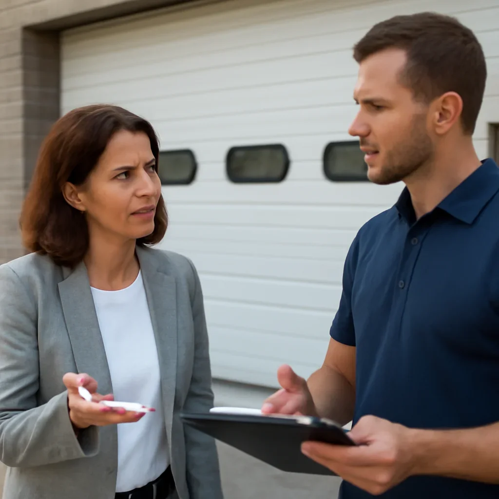 Industrial property manager discussing commercial garage door repair in Campbell Heights Surrey