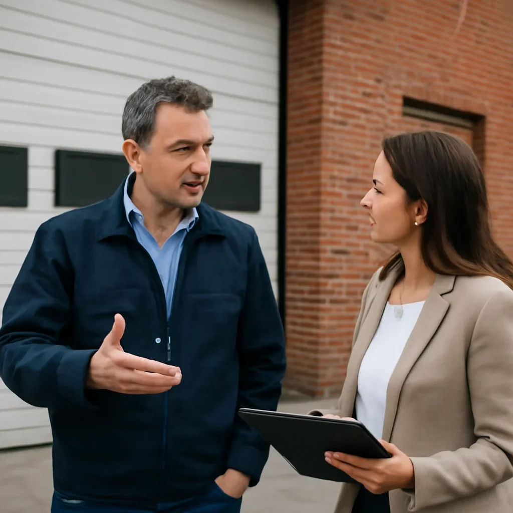 Property owner discussing commercial-style garage door repair for a Chimney Hill Surrey property