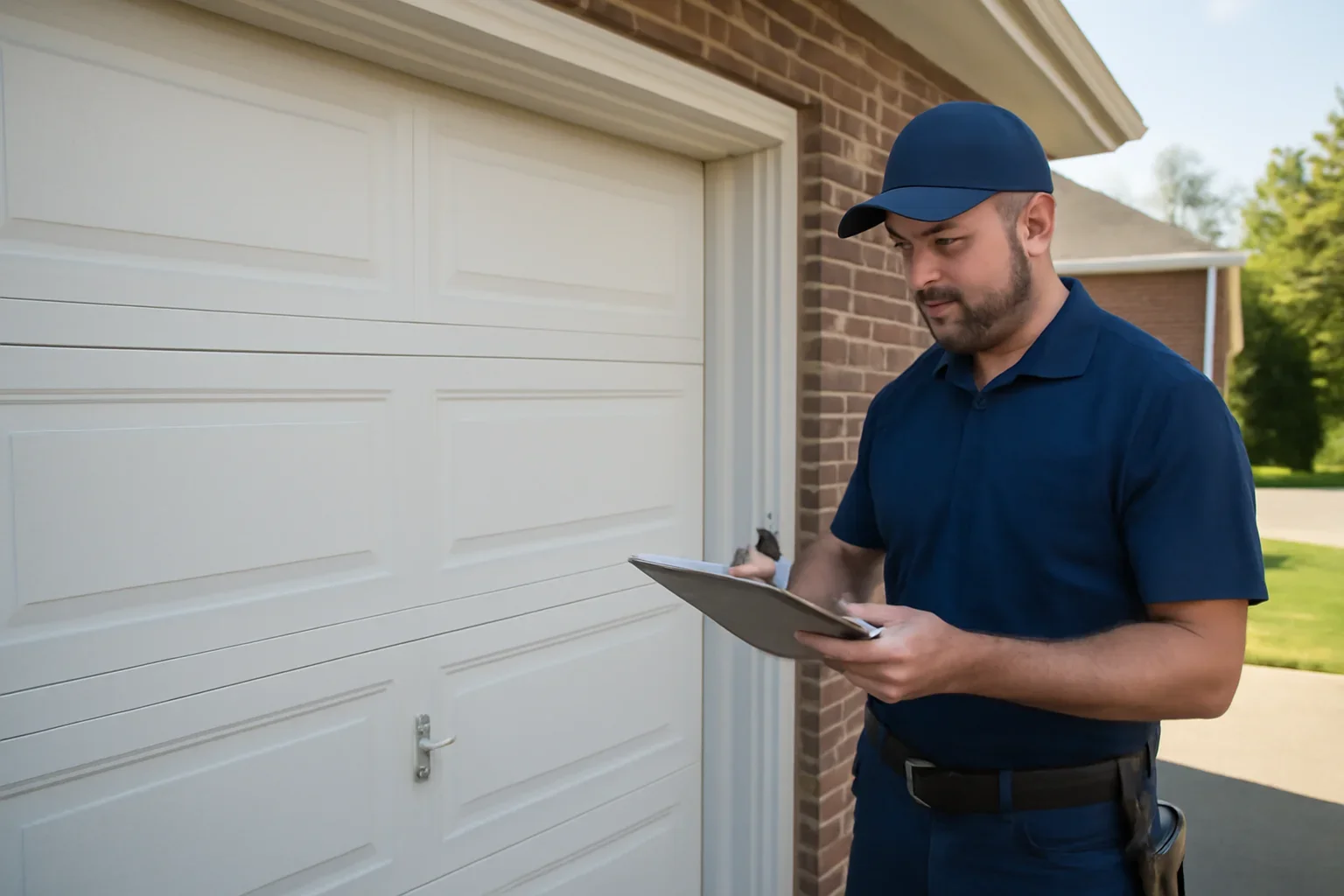 Technician assessing a commercial-style garage door problem at a Chimney Hill Surrey property