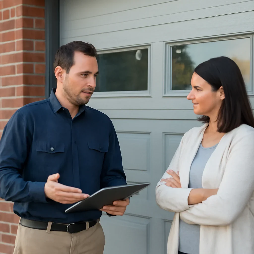 Business or property representative discussing commercial garage door repair in Clayton Heights